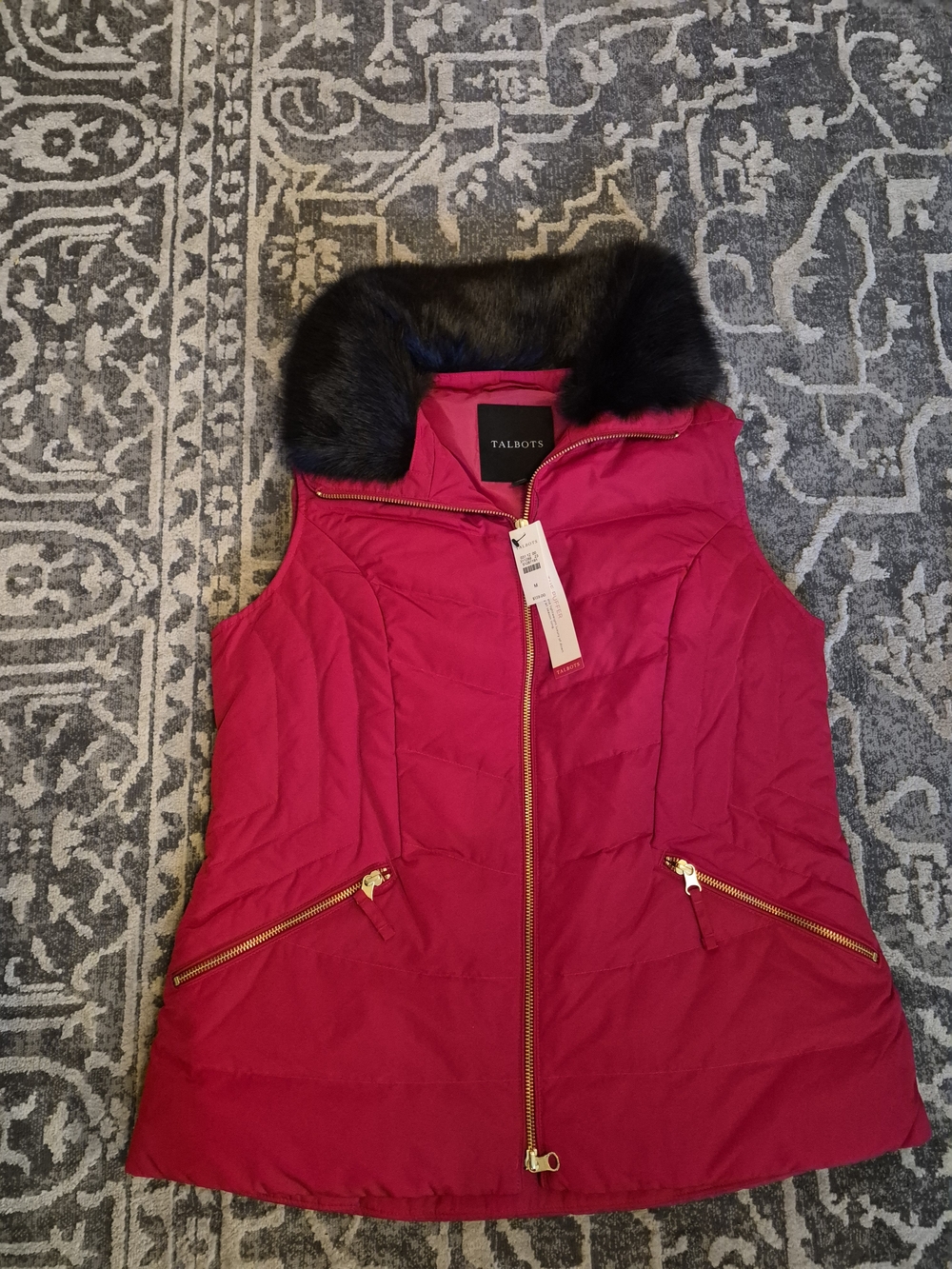 NWT Talbots Women's The Puffer Faux-Fur Collar Quilted Vest - Red Size Med.